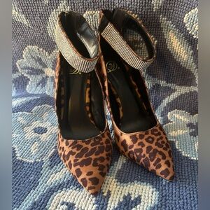 Dollhouse Leopard Print Rhinestone Ankle Strap Heels